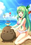  2016 :d aircraft beach bikini bird cherry_hair_ornament dated flower_knight_girl food_themed_hair_ornament frilled_bikini frills green_hair hair_bobbles hair_ornament hot_air_balloon long_hair looking_at_viewer navel norinori_12th ocean open_mouth plaid plaid_bikini red_eyes sakuranbo_(flower_knight_girl) sand sand_sculpture signature sitting smile solo swimsuit twitter_username two_side_up wariza 