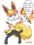  anthro blaketheflareon blaketheflareon_(character) blue_eyes braixen canine crossgender eeveelution female fire flareon fox fur hybrid looking_at_viewer mammal nintendo pok&eacute;mon pussy semi-anthro speech_bubble text video_games 