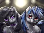  2014 abstract_background black_hair bow_tie cutie_mark duo earth_pony equine female feral friendship_is_magic fur grey_fur hair horn horse looking_at_viewer mammal multicolored_hair my_little_pony octavia_(mlp) pony purple_eyes red_eyes unicorn vinyl_scratch_(mlp) viwrastupr white_fur 