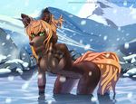  anthro breasts brown_fur canine female fur hot_spring looking_at_viewer mammal multicolored_fur nude open_mouth snow solo stripes tagme timber_wolf two_tone_fur water wolf 