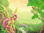  2014 avian bird bridge building cloud cutie_mark door equine feathered_wings feathers female feral fluttershy_(mlp) friendship_is_magic fur grass green_eyes hair hi_res house landscape mammal my_little_pony nature outside pegasus pink_hair sky solo spread_wings tree viwrastupr water window wings yellow_feathers yellow_fur 