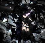  armor belt black_hair black_rock_shooter black_rock_shooter_(character) black_shorts burning_eye checkered checkered_floor from_above glass_shards hair_between_eyes highres insane_black_rock_shooter kinoshita_ringo_(kagamine-ren02) long_hair looking_at_viewer open_mouth purple_eyes short_shorts shorts solo star twintails very_long_hair 