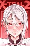  artist_name blush cum cum_on_hair eyebrows_visible_through_hair face facial licking_lips looking_at_viewer nakiri_alice naughty_face red_eyes shokugeki_no_souma silver_hair smile solo tongue tongue_out watermark web_address x-teal2 