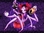  black_hair character_name claws cup dress extra_eyes fang fewer_digits food insect_girl knees_together_feet_apart monster_girl muffet mugino_kirin multiple_arms pouring purple purple_skin red_eyes ribbon shoes short_hair silk smile solo spider_girl spider_web tea teacup teapot two_side_up undertale 