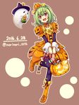  2016 :d basket black_hat black_legwear boots braid brown_background candy choker crown_braid dated flower_knight_girl food food_themed_clothes food_themed_hair_ornament full_body ghost green_hair hair_ornament halloween_basket hat knee_boots layered_sleeves norinori_12th open_mouth orange_choker orange_footwear orange_skirt pepo_(flower_knight_girl) pumpkin_hair_ornament red_eyes short_hair signature skirt smile solo standing standing_on_one_leg thighhighs twitter_username witch_hat 
