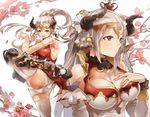  aliza_(granblue_fantasy) armor armored_boots boots breasts cleavage cleavage_cutout crown draph earrings forehead_protector granblue_fantasy hair_pulled_back hand_on_breast himuro_(dobu_no_hotori) horns jewelry kicking large_breasts leg_up long_hair mini_crown multiple_views panties pointy_ears ponytail red_eyes silver_hair thighhighs underwear 