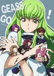  5girls black_gloves black_hair bodysuit brown_hair c.c. cape chibi closed_eyes code_geass cornelia_li_britannia creayus dress euphemia_li_britannia gloves green_eyes green_hair headband headwear_removed helmet helmet_removed kallen_stadtfeld kururugi_suzaku lelouch_lamperouge long_hair multiple_boys multiple_girls nunnally_lamperouge open_mouth parted_lips pink_hair purple_eyes purple_hair short_hair straitjacket sweatdrop yellow_eyes 