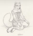  2016 animal_genitalia arctic_fox bottomless canine clothed clothing corset ear_piercing fox kneeling lingerie male mammal penis penis_tip piercing rukis sheath sketch solo 