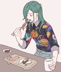  absurdres chopsticks closed_eyes cup food french_fries green_hair green_tea gunkanmaki gyuunyuu_(mashika) hamburger highres male_focus nigirizushi nikkari_aoe open_mouth ponytail print_shirt sashimi shirt solo sushi sushi_geta tea touken_ranbu yunomi 