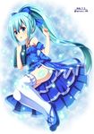  2016 :o blue blue_background blue_bow blue_eyes blue_footwear blue_hair blue_skirt book bow dated flower_knight_girl frills full_body hair_bow light_particles long_hair looking_at_viewer nerine_(flower_knight_girl) norinori_12th ponytail shoes signature skirt solo thighhighs twitter_username white_legwear zettai_ryouiki 