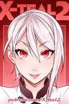  artist_name eyebrows_visible_through_hair face looking_at_viewer nakiri_alice parted_lips red_eyes shokugeki_no_souma silver_hair smile solo watermark web_address x-teal2 