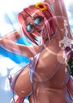  1girl armpit_sex beauty_mark breasts cum cum_on_upper_body dark_skin happy_sex huge_breasts ingrid_(taimanin_asagi) mole naughty_face penis pink_hair r-wade smile swimsuit taimanin_asagi 