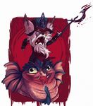  2016 blood costume english_text fluffy fur hat kled konnestra league_of_legends mammal melee_weapon open_mouth raising_weapon reptile roaring saliva scales scalie skaarl teeth text tongue video_games weapon white_fur yordle 