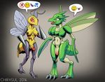  2016 abdomen antennae anthro areola arthropod balls bee beedrill blush breasts chirasul dialogue digital_media_(artwork) duo emoji female green_eyes hi_res humanoid_penis insect insect_wings male male/female nintendo nipples nude open_mouth partially_retracted_foreskin penis pok&eacute;mon red_eyes scyther simple_background speech_bubble standing stinger teeth uncut video_games watermark wings 
