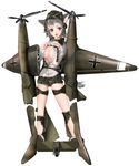  aircraft airplane animal_ears balkenkreuz blue_eyes breasts cleavage full_body fw_189 garrison_cap grey_hair hat medium_breasts military original personification propeller short_hair shorts simple_background smile solo standing tail unzipped upeco white_background wolf_ears wolf_tail world_war_ii 