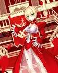  aestus_domus_aurea aestus_estus ahoge blonde_hair breasts cleavage colosseum dress epaulettes fate/extra fate_(series) greaves green_eyes hair_ribbon highres medium_breasts nero_claudius_(fate) nero_claudius_(fate)_(all) petals red_dress rei_(tyuusi) ribbon see-through solo sword weapon 