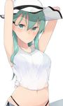  alternate_costume aqua_eyes aqua_hair arms_behind_head breasts cleavage cole hair_between_eyes hat highres kantai_collection large_breasts long_hair looking_at_viewer midriff navel pouty_lips shirt sleeveless sleeveless_shirt solo sun_hat suzuya_(kantai_collection) tied_shirt upper_body white_shirt 