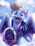  2016 blue_feathers cloud equine eyelashes feathered_wings feathers female feral friendship_is_magic hair hooves long_hair looking_at_viewer mammal multicolored_hair my_little_pony open_mouth outside pegasus rainbow_dash_(mlp) rainbow_hair solo tsitra360 underhoof wings 