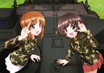  absurdres akiyama_yukari black_legwear boots brown_eyes brown_hair camouflage girls_und_panzer ground_vehicle highres military military_vehicle miniskirt motor_vehicle multiple_girls nishizumi_miho official_art pleated_skirt short_hair skirt tank type_10_(tank) uniform white_skirt 