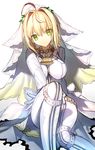  ahoge belt blonde_hair bodysuit breasts chain fate/extra fate/extra_ccc fate_(series) gloves green_eyes lock looking_at_viewer medium_breasts nero_claudius_(bride)_(fate) nero_claudius_(fate)_(all) padlock shinooji smile solo veil white_bodysuit white_gloves 