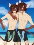  anthro arno beach board_shorts brothers celio clothed clothing duo feline looking_at_viewer male mammal navel nipples outside seaside sibling smile sport standing teeth topless volleyball zedzar 