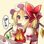  ascot blonde_hair blush bow cake commentary_request crystal eating flandre_scarlet food food_on_face hat hat_bow mob_cap puffy_short_sleeves puffy_sleeves red_bow red_eyes ruhika short_sleeves side_ponytail solo spoon spoon_in_mouth touhou upper_body wings wrist_cuffs 