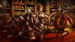  basket book bookshelf bottle brick_wall brown_hair candle candlestand carpet closed_eyes dragon's_crown dress fantasy fire fireplace game_cg goblet highres holding indoors insect_girl murakami_akira official_art plate silk solo spider_girl spinning_wheel treasure_chest wood 