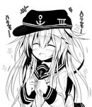  1girl ai_takurou anchor_symbol bangs blush closed_eyes eyebrows eyebrows_visible_through_hair facing_viewer flat_cap flower greyscale hair_between_eyes happy hat hibiki_(kantai_collection) kantai_collection long_hair long_sleeves monochrome motion_lines neckerchief open_mouth pleated_skirt school_uniform serafuku sidelocks simple_background sketch skirt smile solo translated upper_body white_background 
