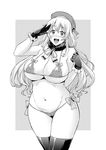  :d alternate_costume ascot atago_(kantai_collection) beret bikini black_gloves black_legwear blush breasts cleavage commentary_request covered_nipples cowboy_shot gloves greyscale groin hat kantai_collection large_breasts long_hair looking_at_viewer monochrome navel open_mouth salute smile solo string_bikini swimsuit takurou thighhighs undersized_clothes 
