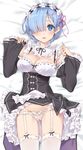  black_ribbon blue_eyes blue_hair blush breasts cameltoe cleavage detached_collar detached_sleeves garter_straps hair_ornament hair_over_one_eye hair_ribbon highres looking_at_viewer lying maid medium_breasts on_back panties re:zero_kara_hajimeru_isekai_seikatsu rem_(re:zero) ribbon short_hair solo thighhighs tsurusaki_takahiro underbust underwear white_legwear white_panties wide_sleeves x_hair_ornament 