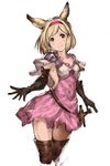  animal_ears blonde_hair boots breasts brown_eyes capelet cleavage collarbone commentary_request djeeta_(granblue_fantasy) dress elbow_gloves erune fighter_(granblue_fantasy) gloves granblue_fantasy hairband highres kemonomimi_mode looking_at_viewer pink_dress pink_hairband puffy_sleeves short_hair short_sleeves sideboob simple_background small_breasts smile solo thigh_boots thighhighs white_background yashigaras 