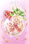  bag bare_shoulders blonde_hair blush commentary_request detached_sleeves dress gift gift_bag green_eyes hair_ornament heart highres hoshii_miki idolmaster idolmaster_(classic) leg_ribbon long_hair maru_(sara_duke) plastic_bag red_dress ribbon smile solo 