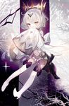  bare_shoulders blush boots brown_eyes commentary_request detached_sleeves dress hair_ornament heterochromia highres moemoe3345 original purple_eyes short_hair silver_hair sleeves_past_wrists smile solo thigh_boots thighhighs white_dress white_legwear wide_sleeves 