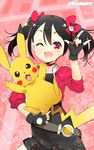  ;d \m/ black_hair carrying choker commentary_request crossover double_\m/ female_protagonist_(pokemon_go) fingerless_gloves gen_1_pokemon gloves hair_ornament highres long_hair looking_at_viewer love_live! love_live!_school_idol_project naitou_ryuu one_eye_closed open_mouth pikachu pokemon pokemon_(creature) pokemon_go red_eyes smile twintails yazawa_nico 