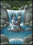  anthro black_hair breast_squish breasts breasts_frottage canine duo eye_contact female female/female fox hair hug inner_ear_fluff mammal marker_(artwork) mixed_media nude outside partially_submerged pen_(artwork) romantic_couple short_hair side_boob smile traditional_media_(artwork) water waterfall wolf zannah 