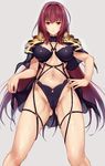  adapted_costume ass_visible_through_thighs black_bra black_panties blush bra breasts cameltoe capelet closed_mouth clothes_lift commentary_request expressionless fate/grand_order fate_(series) hand_on_hip highleg highleg_panties highres jirusu large_breasts lifted_by_self long_hair looking_at_viewer navel panties partially_visible_vulva pauldrons purple_hair red_eyes scathach_(fate)_(all) scathach_(fate/grand_order) shiny shiny_skin simple_background solo underwear very_long_hair white_background 