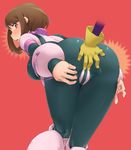  :o ass ass_grab bent_over bodysuit boku_no_hero_academia brown_eyes brown_hair cameltoe from_behind grabbing_another's_ass groping highres long_hair minakami_(flyingman555) mineta_minoru red_background simple_background skin_tight solo_focus thighs uraraka_ochako 