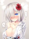  1girl ai_takurou bare_shoulders blue_eyes blush breasts can cleavage collarbone eyebrows eyebrows_visible_through_hair flower grey_background hair_flower hair_ornament hair_over_one_eye hairclip hamakaze_(kantai_collection) holding holding_can japanese_clothes kantai_collection kimono large_breasts long_sleeves looking_at_viewer motion_lines nose_blush off_shoulder parted_lips print_kimono short_hair silver_hair solo speech_bubble spoken_ellipsis upper_body 