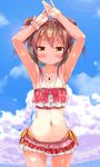 armpits arms_up bare_shoulders bikini brown_hair cafe-chan_to_break_time cafe_(cafe-chan_to_break_time) cloud coffee_beans day double_bun flat_chest food_themed_ornament headphones looking_at_viewer navel one-piece_tan porurin scrunchie shiny shiny_skin sky solo swimsuit tan tanline wrist_scrunchie yellow_eyes 