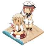  alternate_hair_length alternate_hairstyle bare_shoulders blue_eyes brown_hair capriccyo chibi comb commentary_request dress hat kantai_collection lifebuoy multiple_girls ro-500_(kantai_collection) sailor_dress sailor_hat scissors twitter_username white_hat z3_max_schultz_(kantai_collection) 