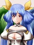  asymmetrical_wings bare_shoulders blue_hair blush breasts cleavage dizzy eyebrows eyebrows_visible_through_hair guilty_gear guilty_gear_xrd hair_ribbon kyabe_tsuka large_breasts long_hair looking_at_viewer red_eyes ribbon smile solo twintails wings yellow_ribbon 