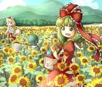  animal_ears bag blue_hair blue_sky bow butterfly_net cabbie_hat cloud day detached_sleeves eating field flower flower_field food forest green_hair hair_bow hair_ribbon hand_net hat ice_cream inubashiri_momiji kagiyama_hina kawashiro_nitori long_hair mountain multiple_girls nature open_mouth pom_pom_(clothes) red_shirt red_skirt ribbon shirt short_hair skirt sky sleeveless sleeveless_shirt smile stream tail tikano tokin_hat touhou tree two_side_up white_shirt wolf_ears wolf_tail 