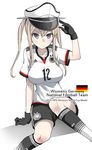  alternate_costume black_gloves blonde_hair blue_eyes breasts fujii_jun german_flag germany gloves graf_zeppelin_(kantai_collection) hat kantai_collection large_breasts long_hair looking_at_viewer pale_skin peaked_cap simple_background soccer soccer_uniform solo sportswear twintails white_background world_cup 