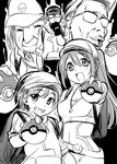  3boys aura backpack bag baseball_cap blush commentary_request female_protagonist_(pokemon_go) fingerless_gloves glasses gloves greyscale grin hat hijiri_tsukasa long_hair looking_at_viewer middle_finger monochrome multiple_boys multiple_girls navel older open_mouth original outstretched_arm poke_ball pokemon pokemon_go short_hair sketch smile 