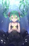  black_dress bubble dress floating_hair green_eyes green_hair hatsune_miku highres ji_dao_ji light_smile long_hair looking_at_viewer shinkai_shoujo_(vocaloid) solo submerged twintails underwater underwear vocaloid 