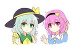  black_hat blush bow commentary_request frilled_shirt_collar frills green_eyes hairband hat hat_bow hat_ribbon heart komeiji_koishi komeiji_satori long_sleeves looking_at_viewer multiple_girls pink_eyes pink_hair ribbon short_hair siblings silver_hair sisters smile touhou upper_body yada_(xxxadaman) yellow_bow yellow_ribbon 