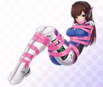  bdsm blush bodysuit bondage bound breasts brown_hair d.va_(overwatch) facial_mark gag headphones jitan777 legs long_hair medium_breasts overwatch pilot_suit ribbon ribbon_bondage shirt solo taut_clothes taut_shirt thighs whisker_markings yellow_eyes 