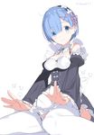  blue_eyes blue_hair blush breasts commentary_request detached_sleeves dress frills hair_ornament hair_over_one_eye hairband highres looking_at_viewer maid maid_headdress medium_breasts mibu_natsuki re:zero_kara_hajimeru_isekai_seikatsu rem_(re:zero) ribbon short_hair simple_background sitting smile solo thighhighs twitter_username white_background white_legwear x_hair_ornament 