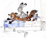  2016 anthro backrub bed breasts brush buckteeth disney eyes_closed female hair_dryer judy_hopps lagomorph long_ears mammal movie nick_wilde nude open_mouth pillow pink_nose plushie purple_eyes rabbit simple_background small_breasts steve_gallacci teeth tongue tongue_out zootopia 