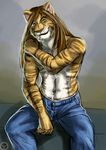  2016 anthro clothed clothing digital_media_(artwork) feline fur hair hybrid invalid_tag jakensitou liger looking_at_viewer male mammal muscular muscular_male pecs simple_background smile solo 